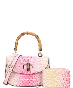2 in 1 Crocodile Bamboo Handle Tie-dyed Satchel Wallet Set CE-8904A PINK